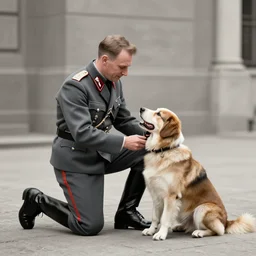 ultra wide 1 9 4 6 historical photo of a single german general kneeling to pet a cute corgi, a young queen elizabeth stands near him, french village exterior, highly detailed, sharp focus