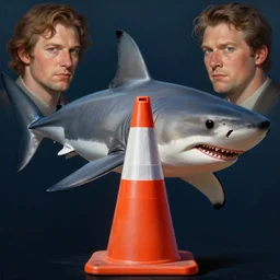 great white shark with a conical orange traffic cone orange traffic cone orange traffic cone for a dorsal fin - ron cheng & alphonse mucha, highly detailed, digital painting, ray tracing, concept art, illustration, smooth sharp focus, intricate, symmetry, artstation,