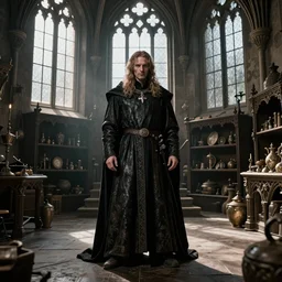 full body portrait of Dennis hopper as a devious medieval lord standing on the right inside a big medieval Shop with tall windowpane, shelves full of medieval goods, morning light, dramatic lighting, high contrast, trending on artstation, style of midjourney, unreal engine, octane render, intricate details, 8k high definition, beauriful, ornate, hyperrealistic