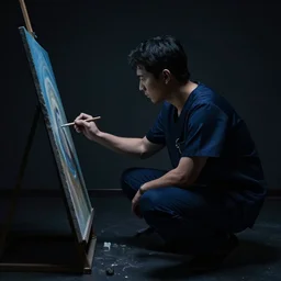 lonely male nurse in dark blue scrubs, painting, dark colors, contrast, dark background