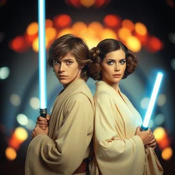 annie leibovitz style two - shots of marjoe gortner as luke skywalker and caroline monroe as princess leia, star wars, bokeh