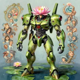 waterlily headed combat mecha. lisa frank, james gurney, dan luvisi, petros afshar, tim hildebrandt, liam wong, mark riddick, thomas kinkade, ernst haeckel, dan mumford, trending on artstation, josephine wall, wlop, cgsociety by gediminas pranckevicius, trending on cgsociety and deviantart