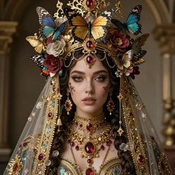 a beautiful portrait render of a young lady monster who veiled rococo dramatic headdress with intricate fractals of butterflies ,tassels made of flower, by Daveed Benito and Billelis and aaron horkey and peter gric,trending on pinterest,rococo,hyperreal,jewelry,gold,ruby,feminine,intricate,maximalist,luxury,mythological,sacred,religious,ultra realistic,high detail,concept art,golden ratio,cinematic lighting