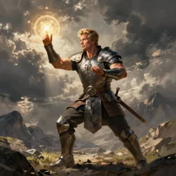 illustration of conan o'brien as a dnd paladin with short blonde hair and big muscles, casting a protection spell, by greg rutkowski artstation