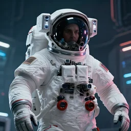 professional photo of astronaut looking in the camera from low angle shot, cyberpunk background, blade runner, hyperrealistic masterpiece, trending on artstation, cgsociety, kodakchrome, golden ratio, cinematic, composition, beautiful lighting, hyper detailed, sharp focus, octane render, 4 k, unreal engine