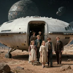 70mm still from a sci fi blockbuster movie made in 2022, set in 1860, of a family leaving a spaceship, that has just landed on an alien planet, wearing 1850s era clothes, good lighting, 4k, HD, in focus, highly detailed