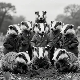 a group of badgers in 1 9 4 0 s suits, digging at sutton hoo, standing upright like people, anthropomorphic, style of beatrix potter, rendered as a highly detailed black & white photograph