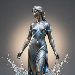 perfect statue of a woman, blue, grey anodized aluminium ( desgined by apple ) in a splash of water, studio photo, studio lights, macro shot