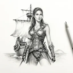 A beautiful female warrior on a pirate ship at a deserted island, blended frame, realism pencil drawing on white paper, bald lines