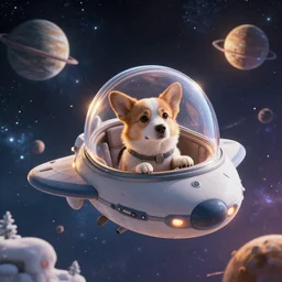 dog wearing a clear astronaut helmet, inside a mini flying spaceship, flying through outer space and exploring new planets, cosmic winter wonderland, galaxies, highly detailed, digital art, surrealism, fantasy, vibrant, volumetric lighting, warm, cinematic