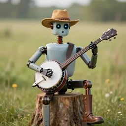 bluegrass robot playing banjo, sitting on a stump