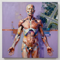 a beautiful abstract painting by ramon chirinos of an anatomy study of the human body, color bleeding, pixel sorting, copper oxide material, brushstrokes by jeremy mann, studio lighting, pastel purple background, satellite view of highway intersections