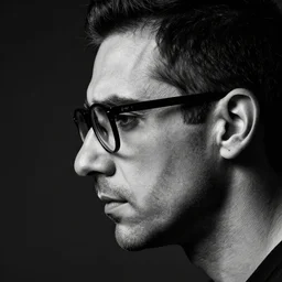 black and white profile photo, studio photograph of a male andrea belluci wearing glasses the painter artist, anxiety and depression, intricate, elegant, highly detailed, hyper realistic, dark background, flickr, smooth, sharp focus, shot by canon