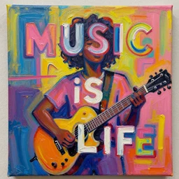 music is life, neo funk mixed media with oil paint, thick strokes, canvas, designed by artstationhq, retro, groovy, low fi,