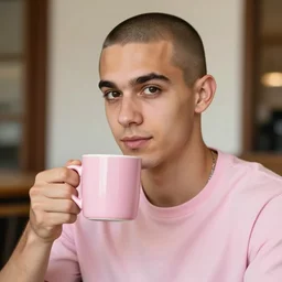 portrait of a ( ( ( una taza de cafe grande y rosa ) ) ), ( ( guapo joven caliente italiano moreno pelo shaved ) ), nubes y magia, el sol, concept character, by greg rutowski and tezuka and oi and mucha and bierstadt and remington, trending on artstation