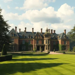 matte painting of a countryside landscape of a large noble estate with xix century manor. fantastical, elegant, intricate elaborate, brown brick, opulent, verdant lawn. sharp focus, smooth detailed digital art trending in artstation