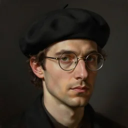 portrait of a male italian artist wearing a beret and glasses, intricate, elegant, highly detailed, digital painting, dark background, artstation, concept art, smooth, sharp focus, illustration, art by wlop, mars ravelo and greg rutkowski