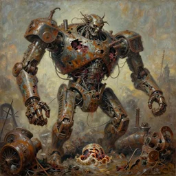 oil paint of flayed god machines, 6 0 s science pics, cluster battle chaos, intricately macerated by age, sentient, dethroned goliath machine, whipping blood turbines, hydrocracking battles, rusted, macerated, eviscerated by fimbria wires, bicornate fungal pit, trash patina sheen rotting, by alberto bontempi, alex
