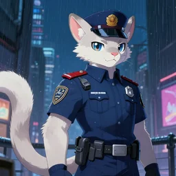 character portrait of a male anthro albino mountain lion fursona with a tail and a cute beautiful attractive furry face wearing a cybertech police uniform in a cyberpunk city at night while it rains. hidari, color page, tankoban, 4K, tone mapping, Akihiko Yoshida.