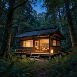 hyper realistic japanese architecture cottage with mood lighting and tech in the woods gorgeous lighting, blue sky, highly detailed, lush forest foliage painting by zdzisław beksinski and norman rockwell and greg rutkowskiweta studio, and lucasfilm