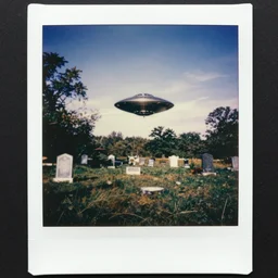 a polaroid of a UFO over a abandoned cemetery from 90s by Laurie Lipton, grainy film kodak
