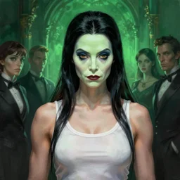 a dark haired muscular morticia addams in a white tank top. highly detailed portrait, digital painting, sharp focus illustration, artstation hq. intricate, elegant. art by wlop and tooth wu and greg rutkowski and alena aenami and beeple, medium shot, green iridescent