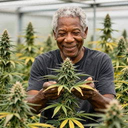 a photograph of morgan freeman happy tending to a cannabis garden, golden ratio composition, 3 5 mm