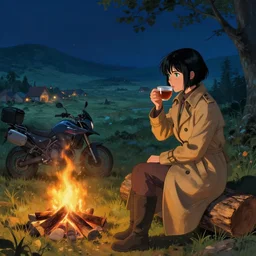 Panoramic photograph on a girl from Final Fantasy live action, with short black hair and green eyes in a tan trenchcoat sitting on a log and drinking tea by the campfire by her motorrad at night, ray tracing, large landscape with village, award winning, masterpiece digital painting by Greg Rutkowski, Alex Grey, artstation, 4k wallpaper, Jakub Rozalski