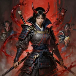 concept art of a female samurai with demon powers, highly detailed painting by dustin nguyen, akihiko yoshida, greg tocchini, greg rutkowski, cliff chiang, 4 k resolution, trending on artstation, 8 k