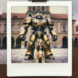 ! epic pose!!! armored cyborg warmachine battle cocker spaniel superdog, in legnica city hall, full body, cinematic focus, polaroid photo, vintage, neutral dull colors, soft lights, by oleg oprisco, by thomas peschak, by discovery channel, by victor enrich, by gregory crewdson