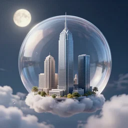miniature skyscraper inside a bubble, floating on clouds, realistic 3 d render, unreal engine, maya, 8 k, smooth, sharp focus, octane, moonlight