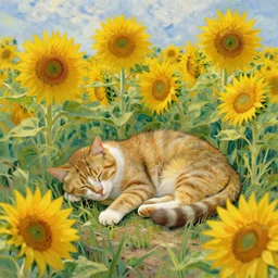 “ cat sleeping in field of sunflowers, vincent van gogh ”
