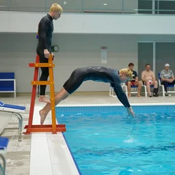 a blond lifeguard in a wetsuit jumping into the pool. Kuvshinov ilya. Repin. Phil Hale. Masterpiece. Rule of thirds
