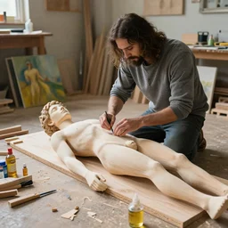 jesus assembling a human being in his wood shop, body parts lying around, oil painting