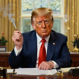 beautiful oil matte portrait painting, mafia boss donald trump smoking at white house office desk, wonderful masterpiece highly detailed, beautiful cinematic light deep focus, elegant, digital painting, smooth, sharp focus, golden ratio, dramatic illumination, ultra realistic, 8 k, art by jimmy law