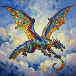 award winning oil painting of a stained glass dragon, the dragon is made of panes of colored glass, flying in the clouds