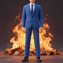 a man in a blue suit standing in front of a fire, a comic book panel by ryan stegman, polycount, antipodeans, apocalypse art, dc comics, marvel comics