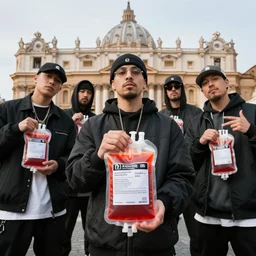 a group of rappers bringing infected blood iv bags in gift to the vatican