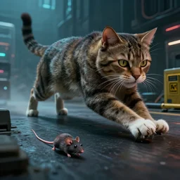 🐱 a big cat chases down × a live mouse! by mark ryden in cyberpunk environment, 4 k ultra high resolution, horror, long camera shot