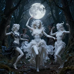 masterpiece ephemeral witches sabbath dancing in the moonlit woods, composition by anastasiya dobrovolskaya, donato giancola, karol bak, tom bagshaw, face by artgerm and edmund leighton, background by james jean and noah bradley, majestic, volumetric lighting, porcelain skin, photorealistic, intricate, trending on artstation, 8 k