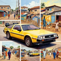 a yellow delorean in ajegunle slums of lagos - nigeria, magazine collage, colourful painting by hsiao - ron cheng,