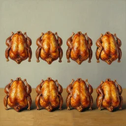 6 roast chickens lined up, art by grant wood
