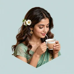 isometric view, girl having chai, happy, flowers, absurdly beautiful, elegant, realistic ultrafine hyperrealistic detailed face illustration by amrita sher - gil and studio ghibli, intricate linework, sharp focus, bright colors, matte, unreal engine highly rendered, global illumination, radiant light, intricate environment