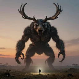 a tall terrifying humanoid antler beast looming over a tiny human in a surreal landscape at dusk, cinematic, epic lighting, agostino arrivabene