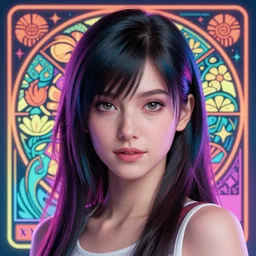 a head and shoulders portrait of Yuna from Final Fantasy X, neon, retro, smooth, sharp focus, intricate, artstation, detailed concept art by Rutkowski and Mucha and sky sewa and Marc Simonetti
