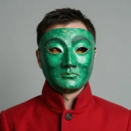 portrait of man, emerald mask, golden eyes, red coat, john howe, greg rutkowski