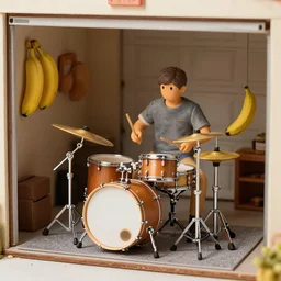 a banana playing the drums in a garage with its fruit band, diorama