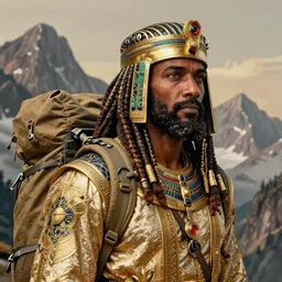 forest whitaker cleopatra, curled beard, dreadlocks, trecking, mountain, intricate, elegant, highly detailed, artstation, sharp focus, illustration, orientalism, bouguereau, mandy jurgens, rutkowski, mucha