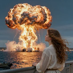 beautiful young woman looking at giant nuclear explosion, artwork by Aivazovsky, Ivan