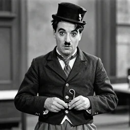 film still of Adam Sandler as Charlie Chaplin in Modern Times, 4k, black and white